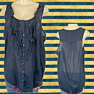 Gap XL Navy Blue Semi-Sheer Ruffle Button Cotton Curved Hem Sleeveless Blouse